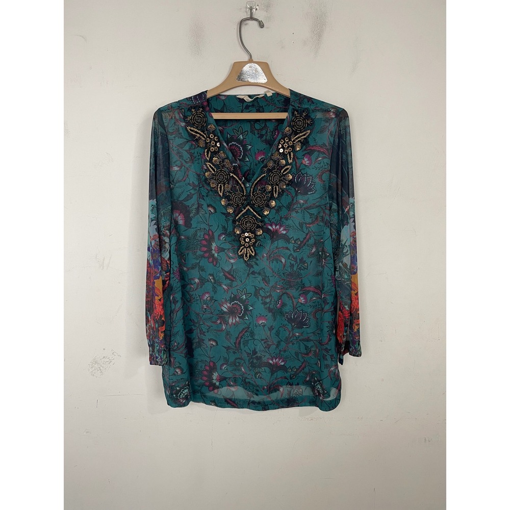 Soft Surroundings Floral Beaded V-Neck Tunic Top Teal XL 2FJ55